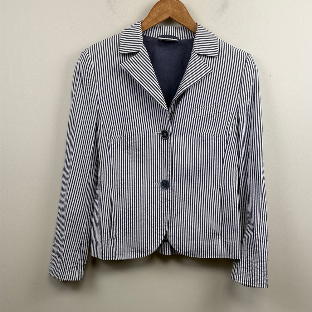 AKRIS PUNTO cotton Striped Navy & White seersucker Women's Blazer 6 - Picture 2 of 9